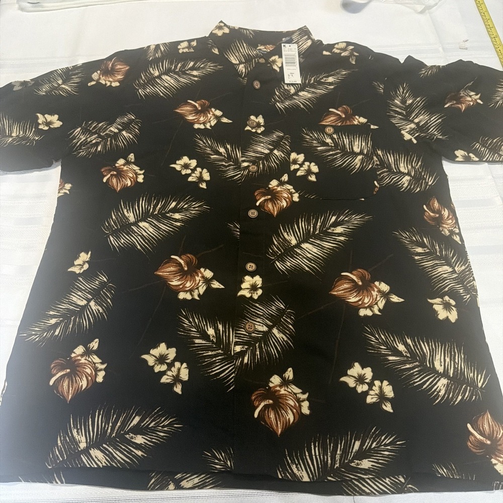 Knightsbridge Mens Large Tropical Rayon Button Down Shirt Black Palm Floral NWT